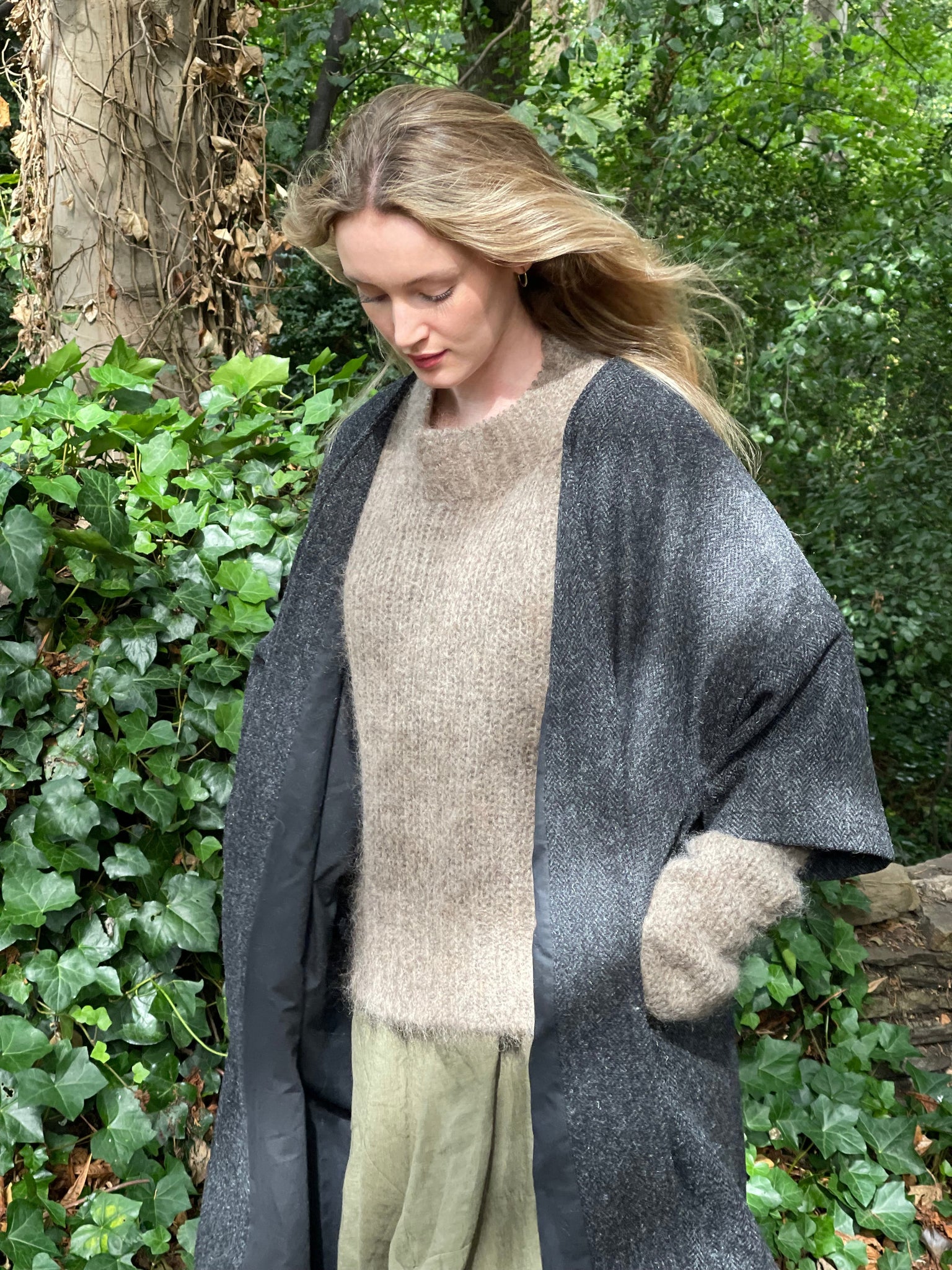 WDTS  - Harris Tweed Kimono coat 100% Wool dark grey herringbone