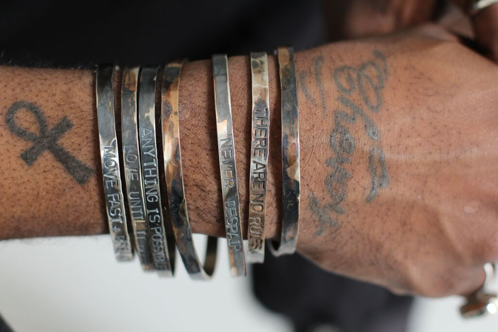 WDTS Sheffield Silver - Hand Hammered Bangle - CARPE DIEM - Mixed Finish