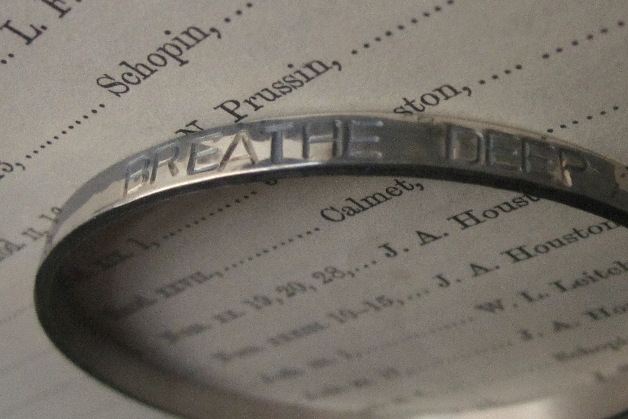 WDTS Sheffield Silver - Hand Hammered Bangle - BREATHE DEEP - Mixed Finish