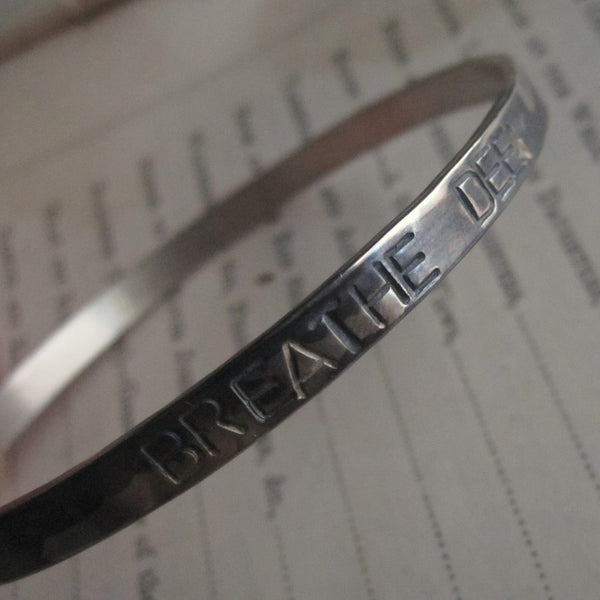 WDTS Sheffield Silver - Hand Hammered Bangle - BREATHE DEEP - Mixed Finish