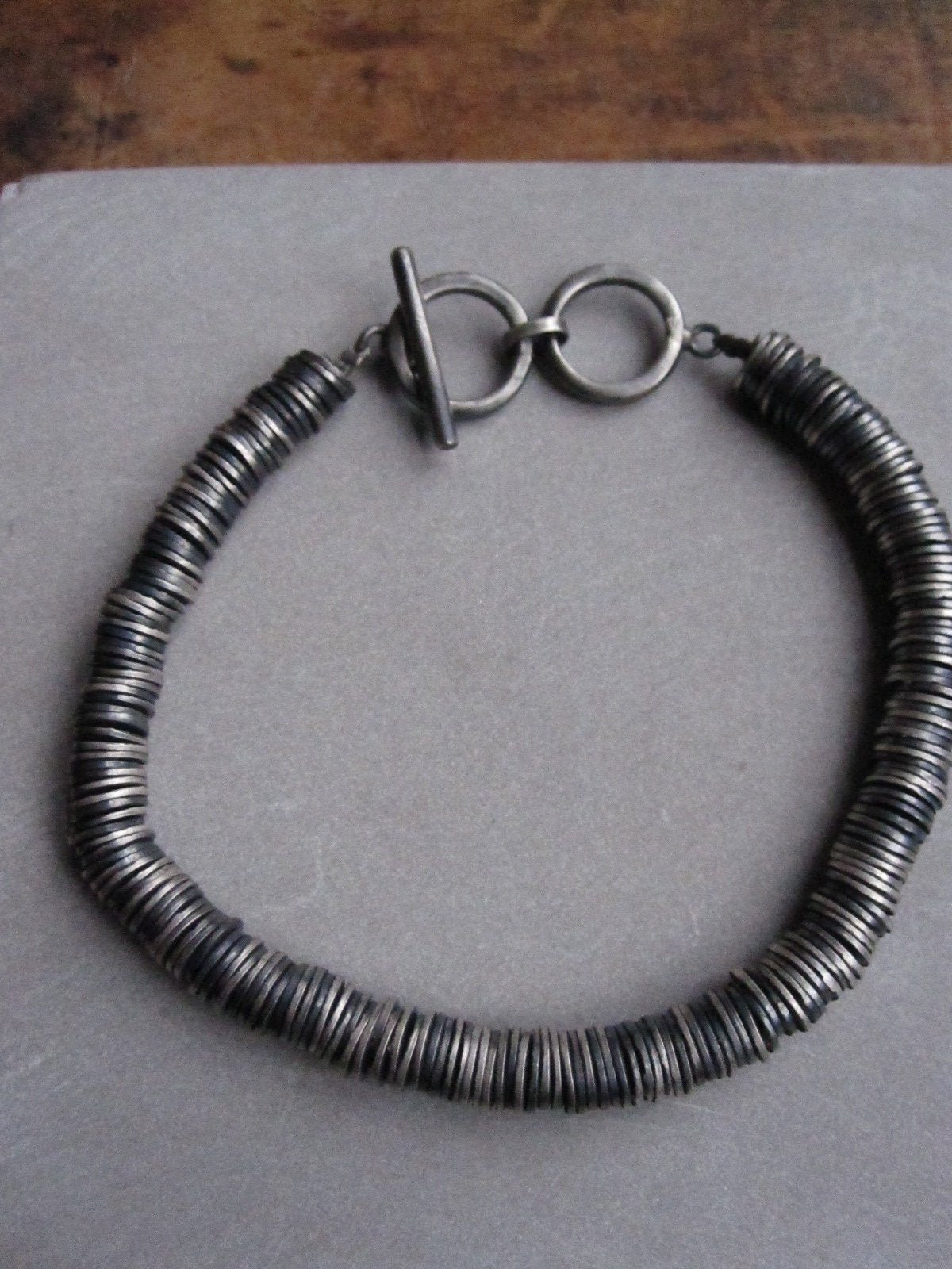 WDTS Oxidised 925 silver disc T-bar bracelet