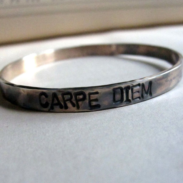 WDTS Sheffield Silver - Hand Hammered Bangle - CARPE DIEM - Mixed Finish