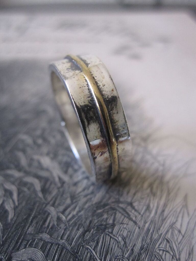 925 Solid Silver and Gold Plated Stripe Ring