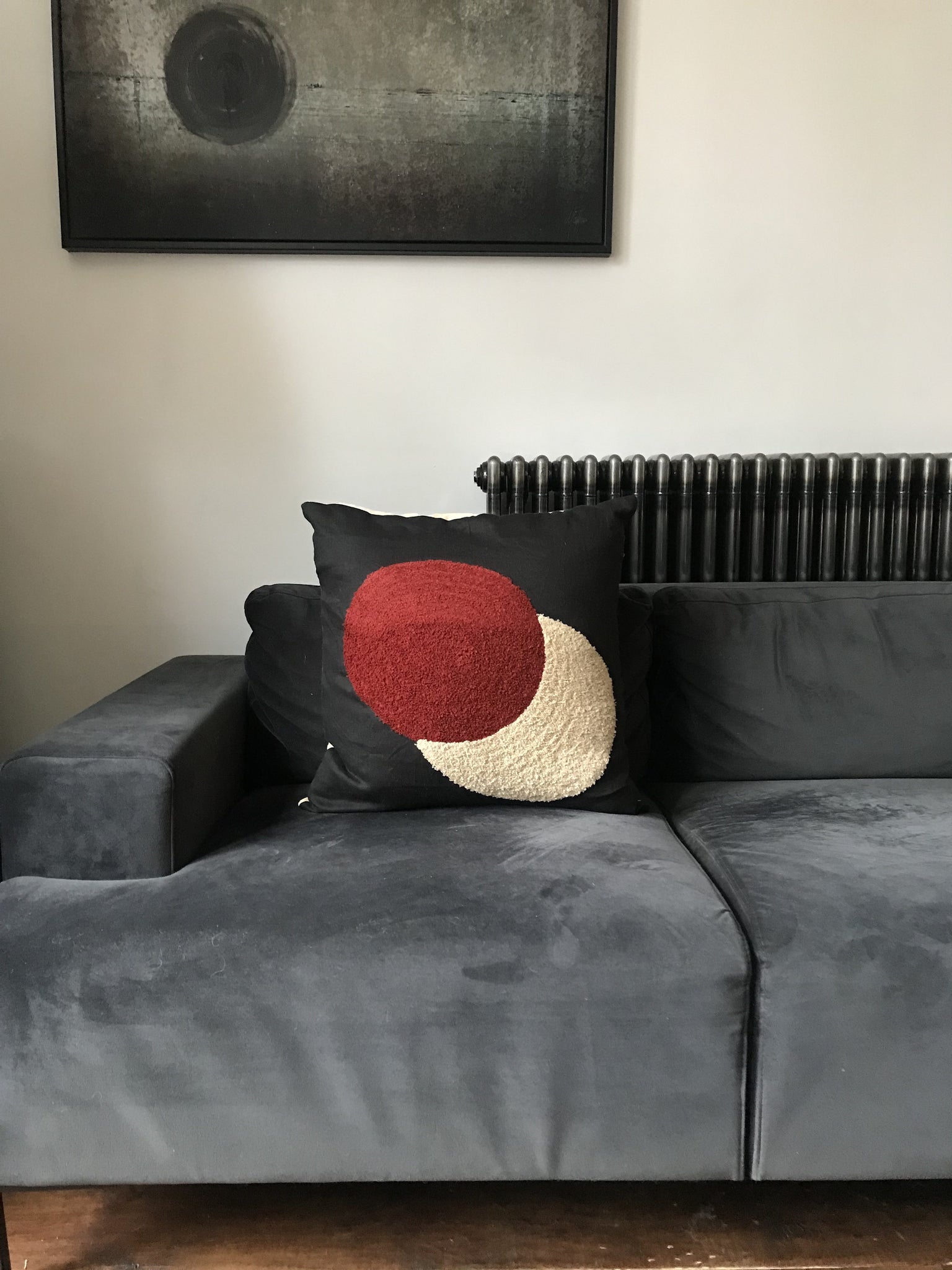 Circles embroidered cushion - black