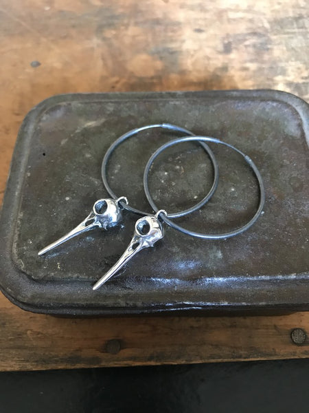 925 Silver Bird Skull Hoop Earrings Oxidised