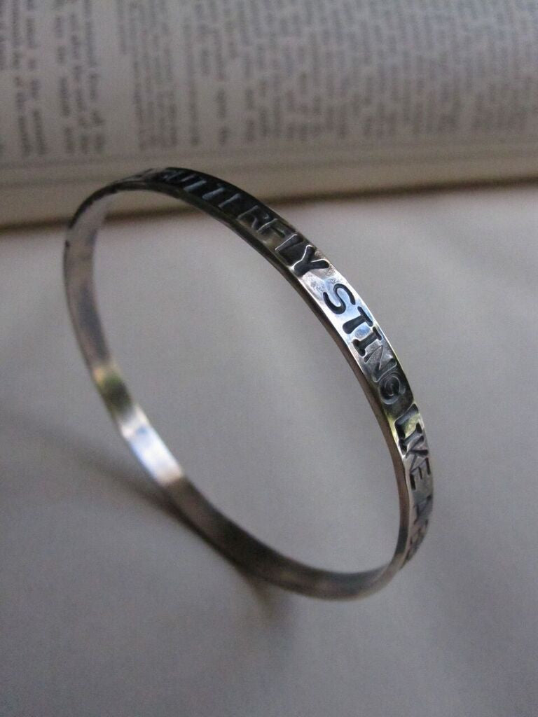 WDTS Sheffield Silver - Hand Hammered Bangle - FLOAT LIKE A BUTTERFLY STING LIKE A BEE - Mixed Finish