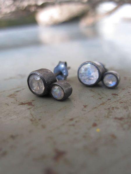 925 Oxidised Silver Double Moonstone Earrings